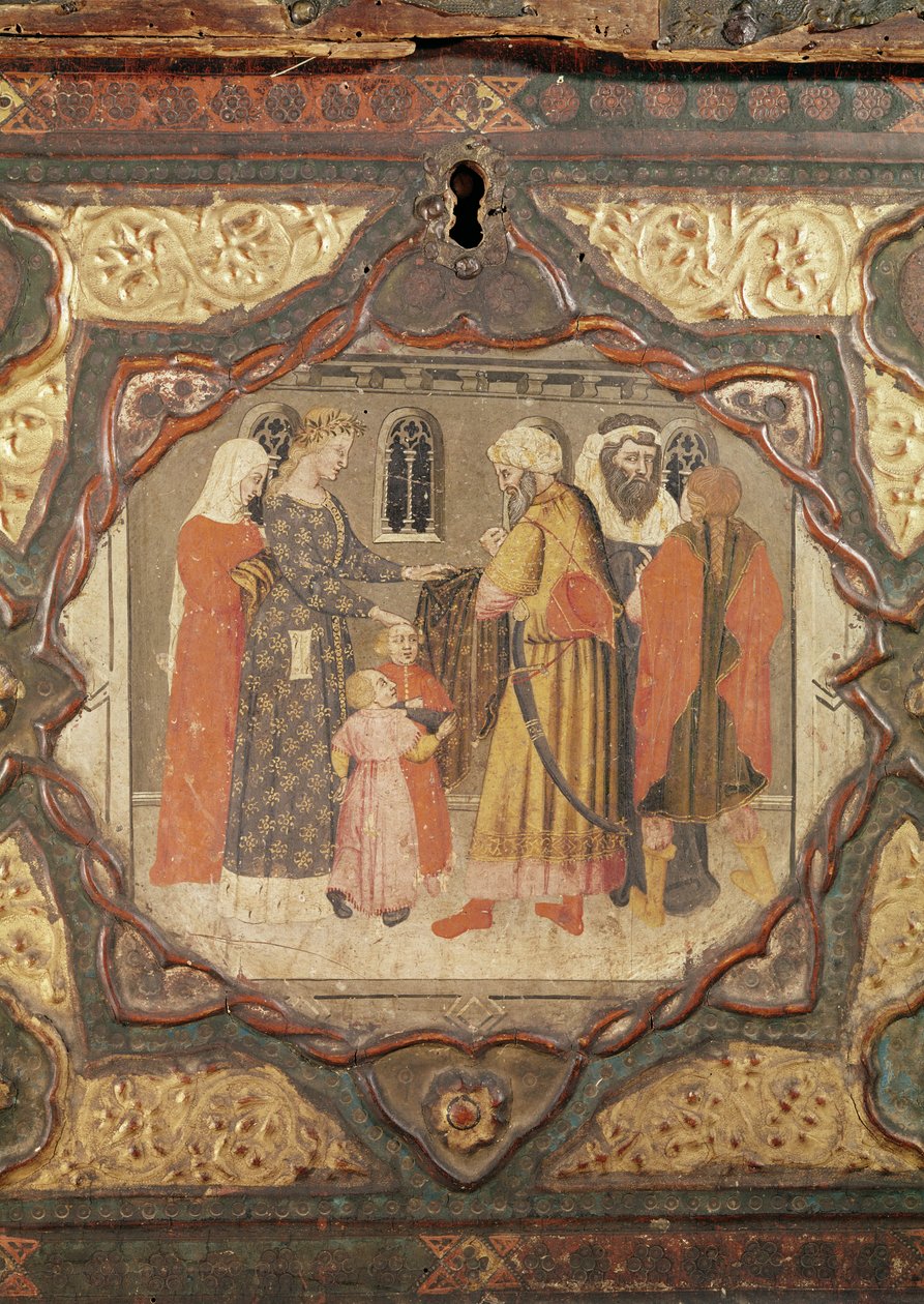 Yksityiskohta cassoneesta, joka esittää tarinan Istrian Saladinista ja Torellosta, kirjoittanut Giovanni Boccaccio (tempera paneelissa) (katso myös 444280-81) tekijältä Italian School