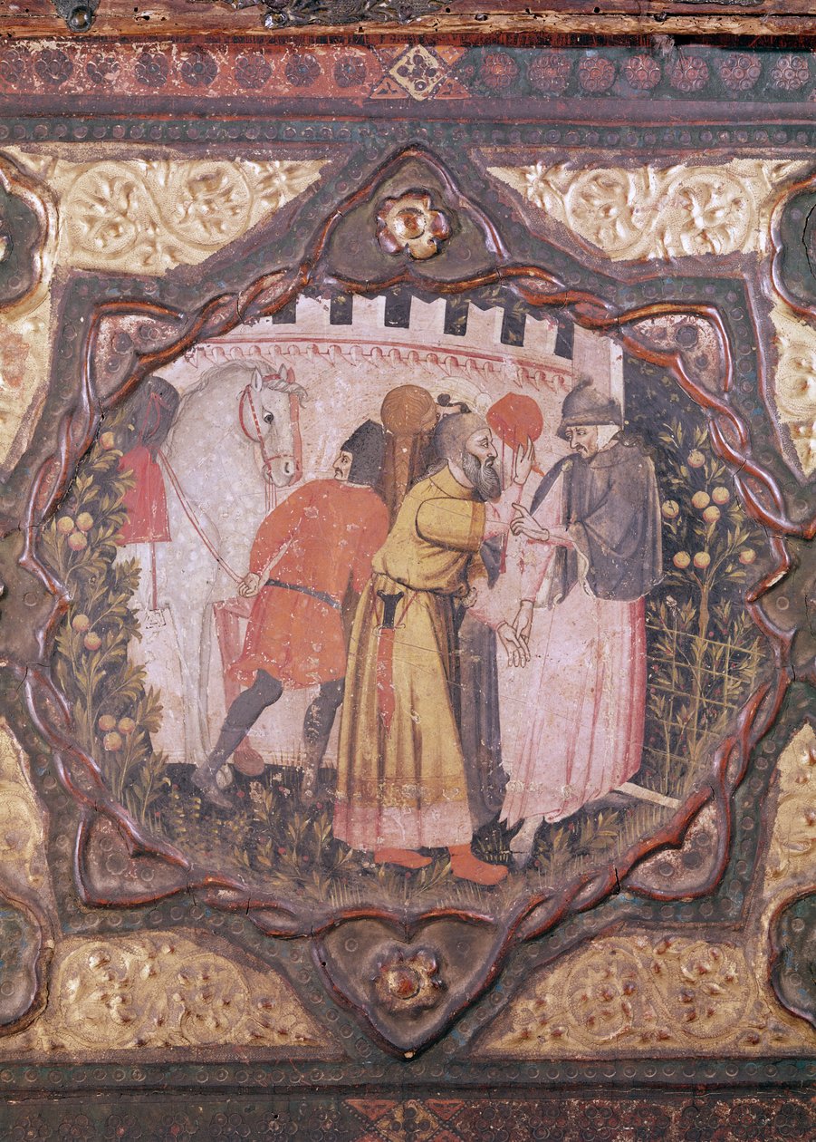 Yksityiskohta cassonesta, joka esittää tarinan Istrian Saladinista ja Torellosta, kirjoittanut Giovanni Boccaccio (tempera paneelissa) (katso myös 444281-82) tekijältä Italian School