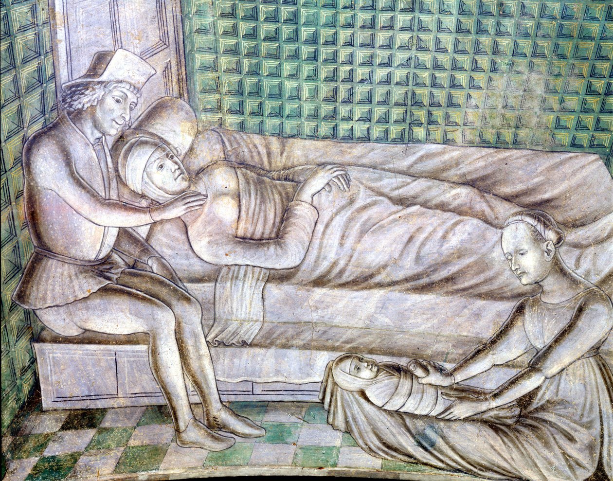 Yksityiskohta freskosta Roccabiancan linnasta Parmassa vuodelta 1480, tänään Castello Sforzescossa Milanossa. Se edustaa Griseldan tarinaa, joka on otettu novellista Giovanni Boccacion Decameronista (1313 - 1375). (Grisélidis). Tämä on sto tekijältä Italian School