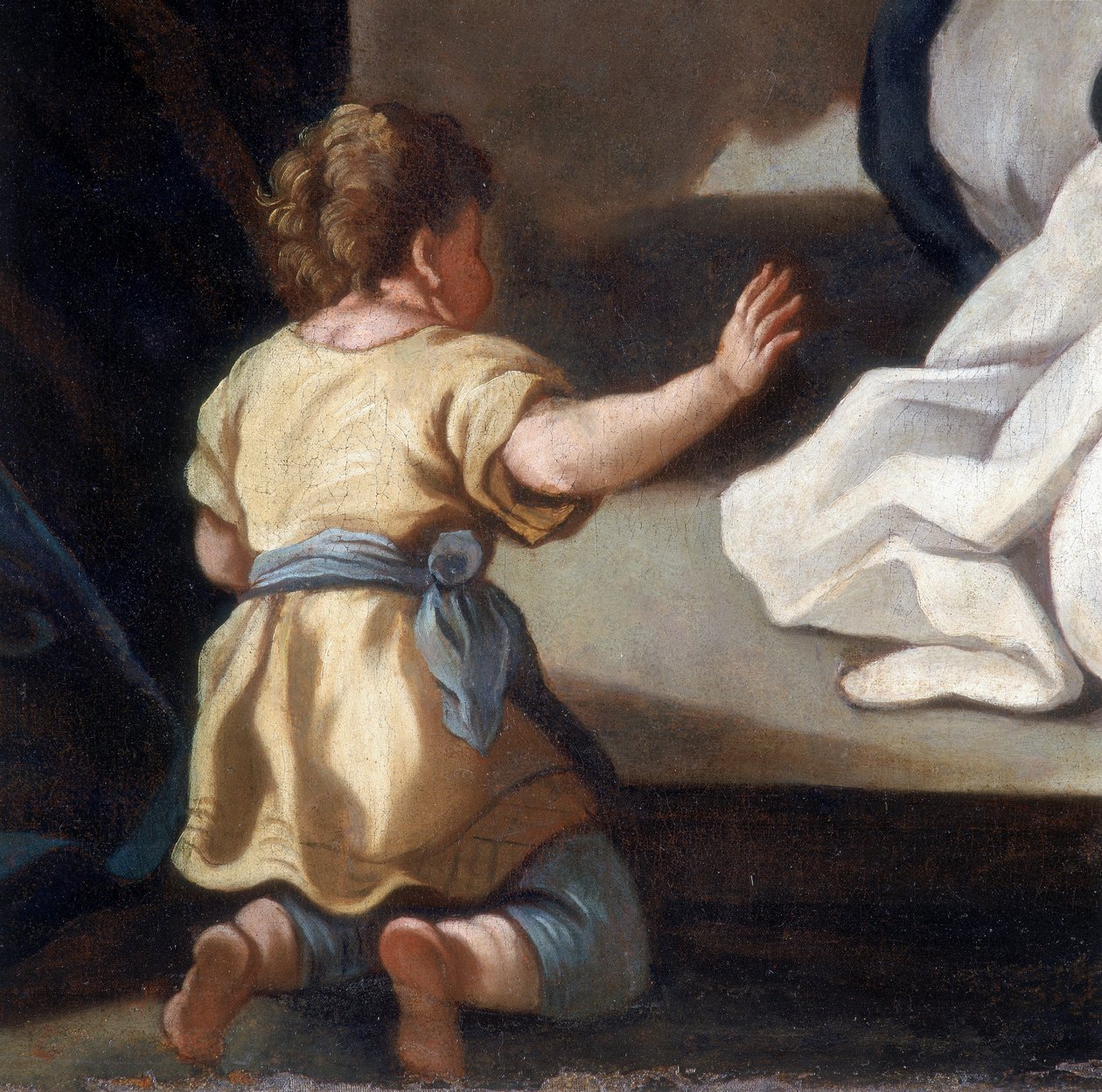 Yksityiskohta maalauksesta, joka esittää Ruusukon Madonnaa pyhien Dominikin ja Katariina Sienan kanssa tekijältä Italian School