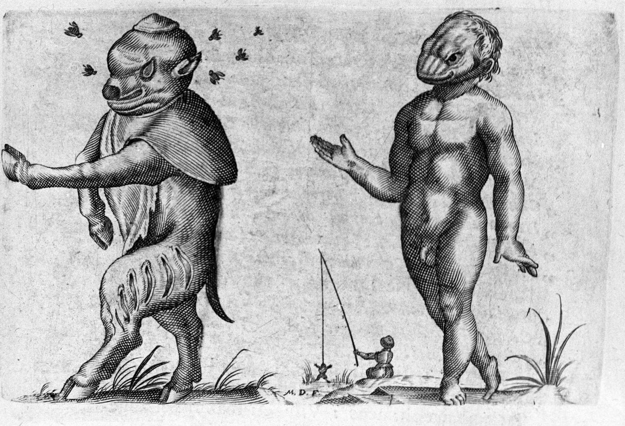 Erilaisia ​​ihmishirviöitä. Italian tiedemiehen Fortunio Whilein (1577-1656) kaiverrus "Hirviöiden luonne, niiden syyt ja erot". 1646 tekijältä Italian School