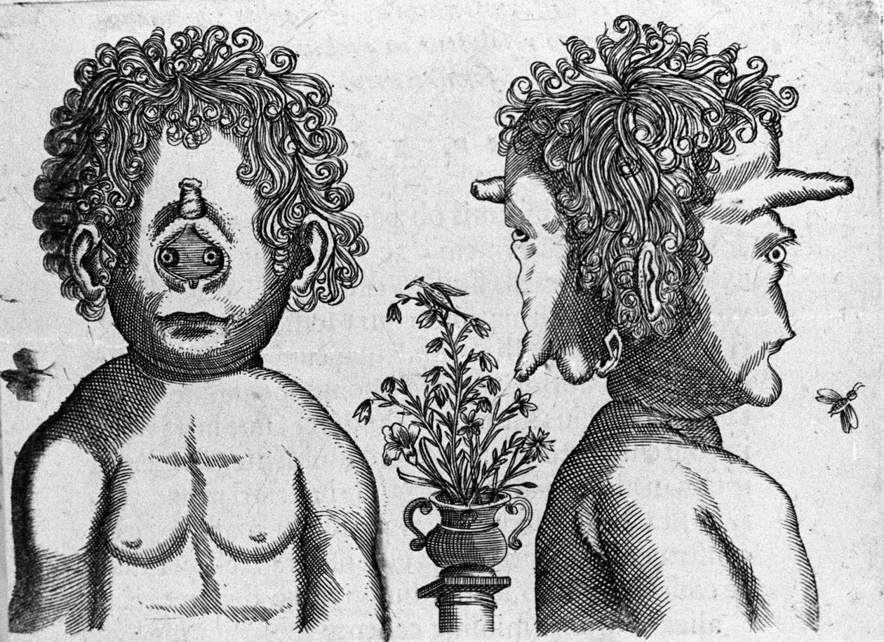 Erilaisia ​​ihmishirviöitä: hirviön pään kasvot ja kasvot. Italian tiedemiehen Fortunio Licetin (1577-1656) kaiverrus "Hirviöiden luonne, syyt ja erot". 1646 tekijältä Italian School