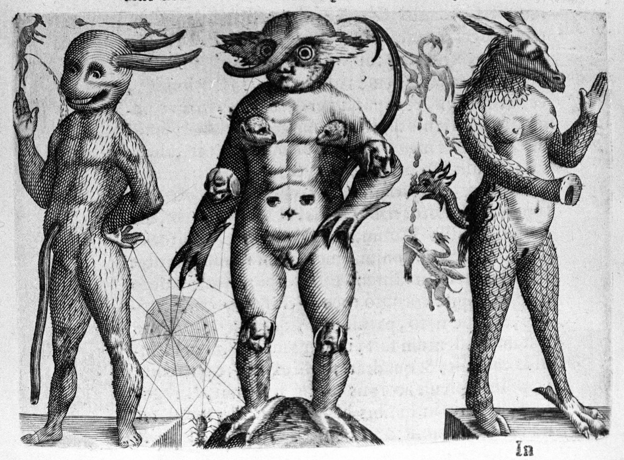 Erityyppisiä ihmishirviöitä, joissa on puoliksi ihmis-, puoliksi eläinkehoja. Italian tiedemiehen Fortunio Whilein (1577-1656) kaiverrus "Hirviöiden luonne, niiden syyt ja erot". 1646 tekijältä Italian School