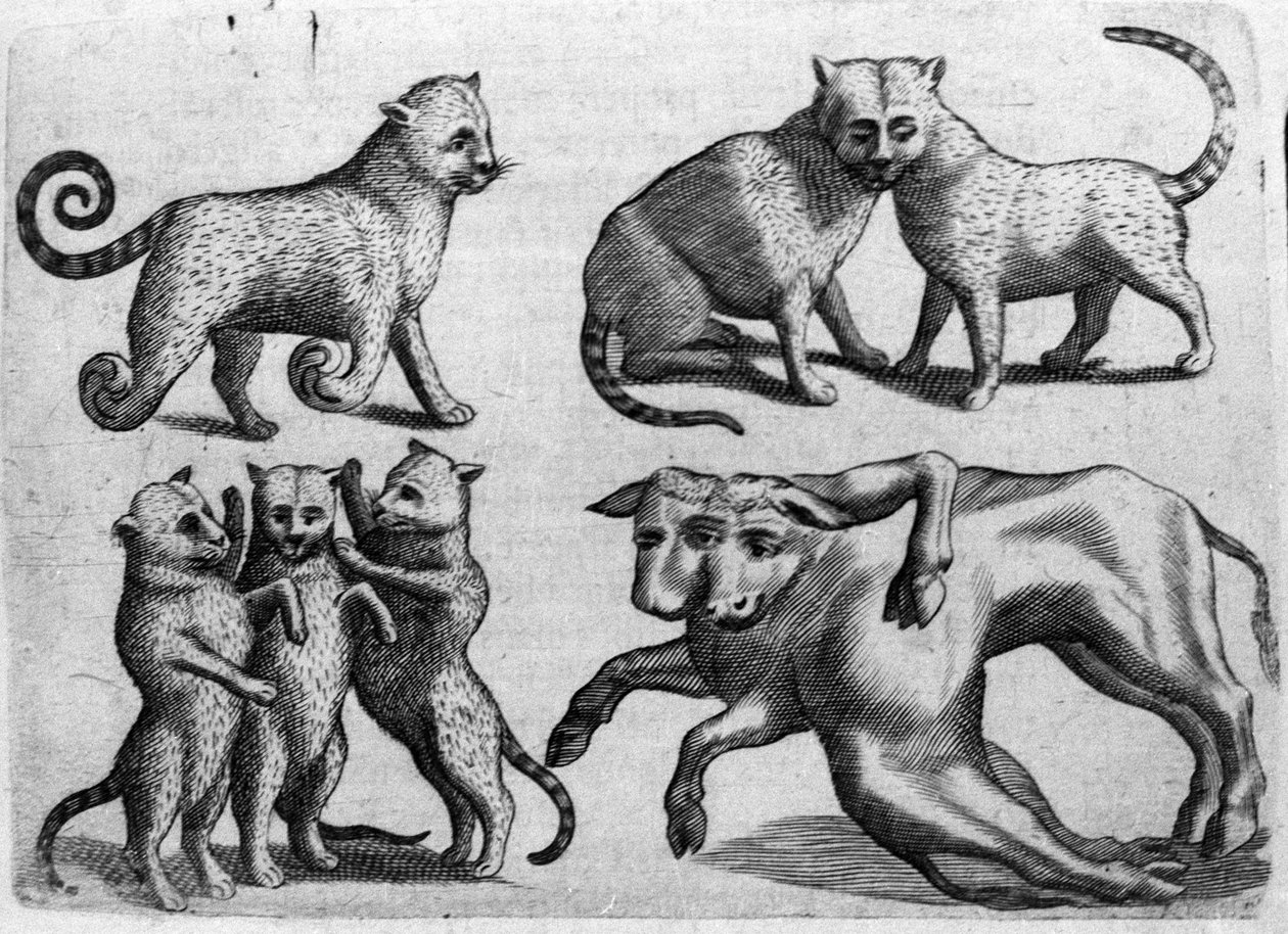Erityyppisiä hirviöitä: kissat ja lehmät, joilla on useita ruumiita. Italian tiedemiehen Fortunio Whilein (1577-1656) kaiverrus "Hirviöiden luonne, niiden syyt ja erot". 1646 tekijältä Italian School