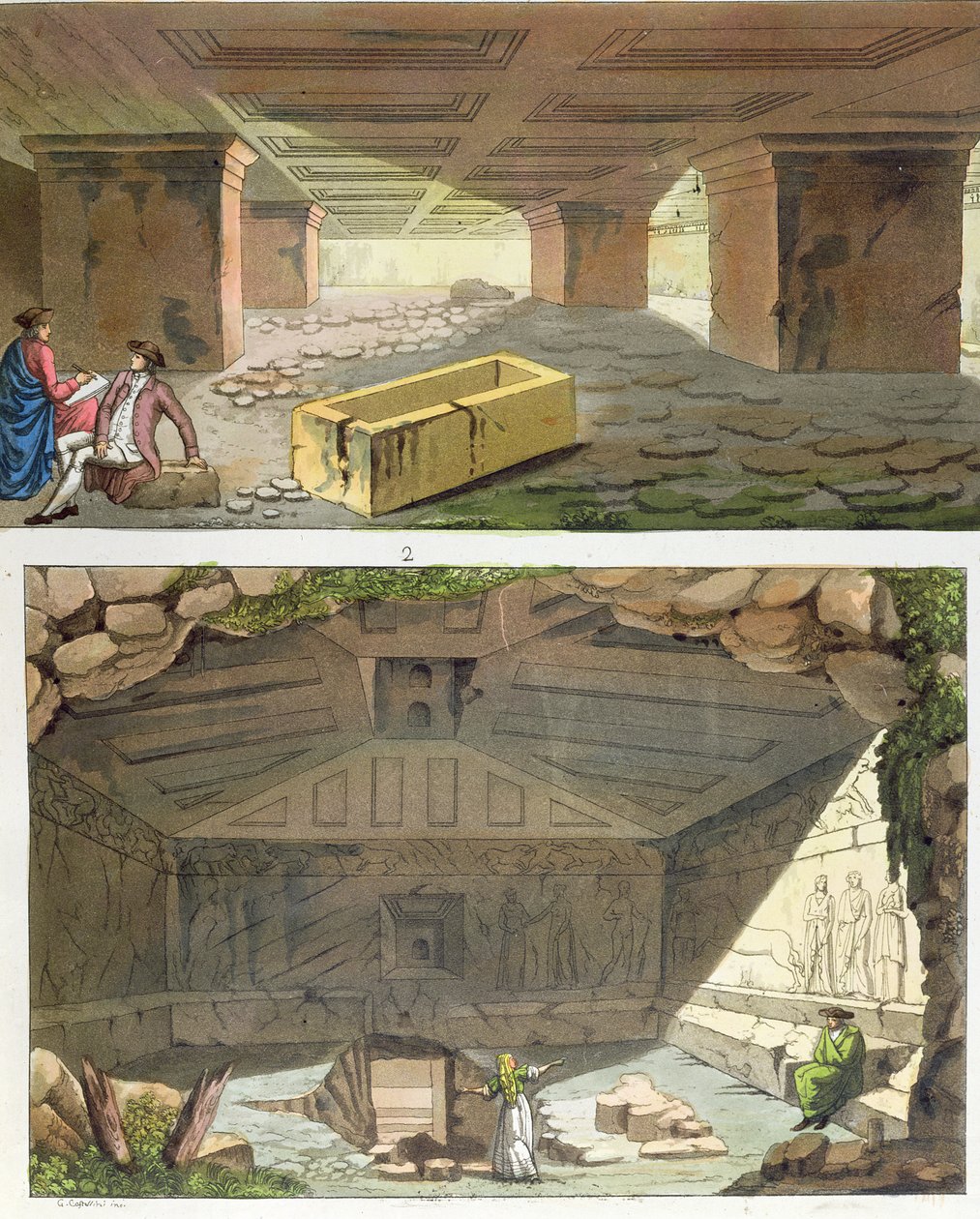 Etruskien hautojen löytö, n. 1820 (värikaiverrus) tekijältä Italian School