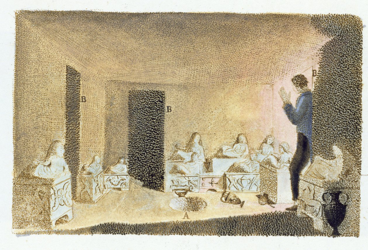 Etruskien hautojen löytäminen. kuvitus Francesco Inghiramin (1772-1846) Monumenti Etruschista, julkaistu Fiesolessa, 1825 (värikaiverrus) tekijältä Italian School
