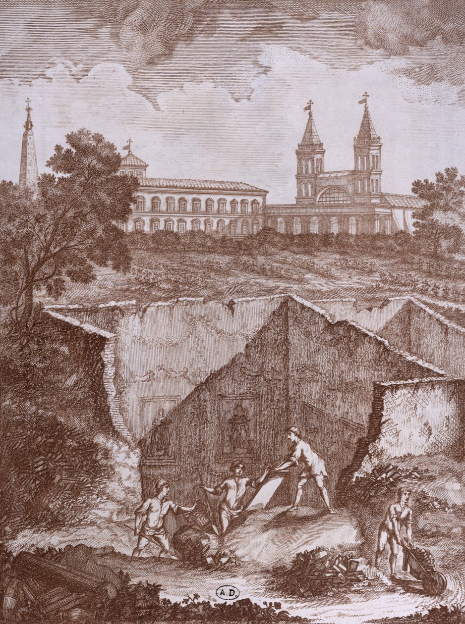 Löytö talosta ja freskoista Roomassa vuonna 1780, kuvitus teoksesta Peintures antiques retrouvees lors dune fouille en 1780, julkaistu Roomassa 1783 tekijältä Italian School