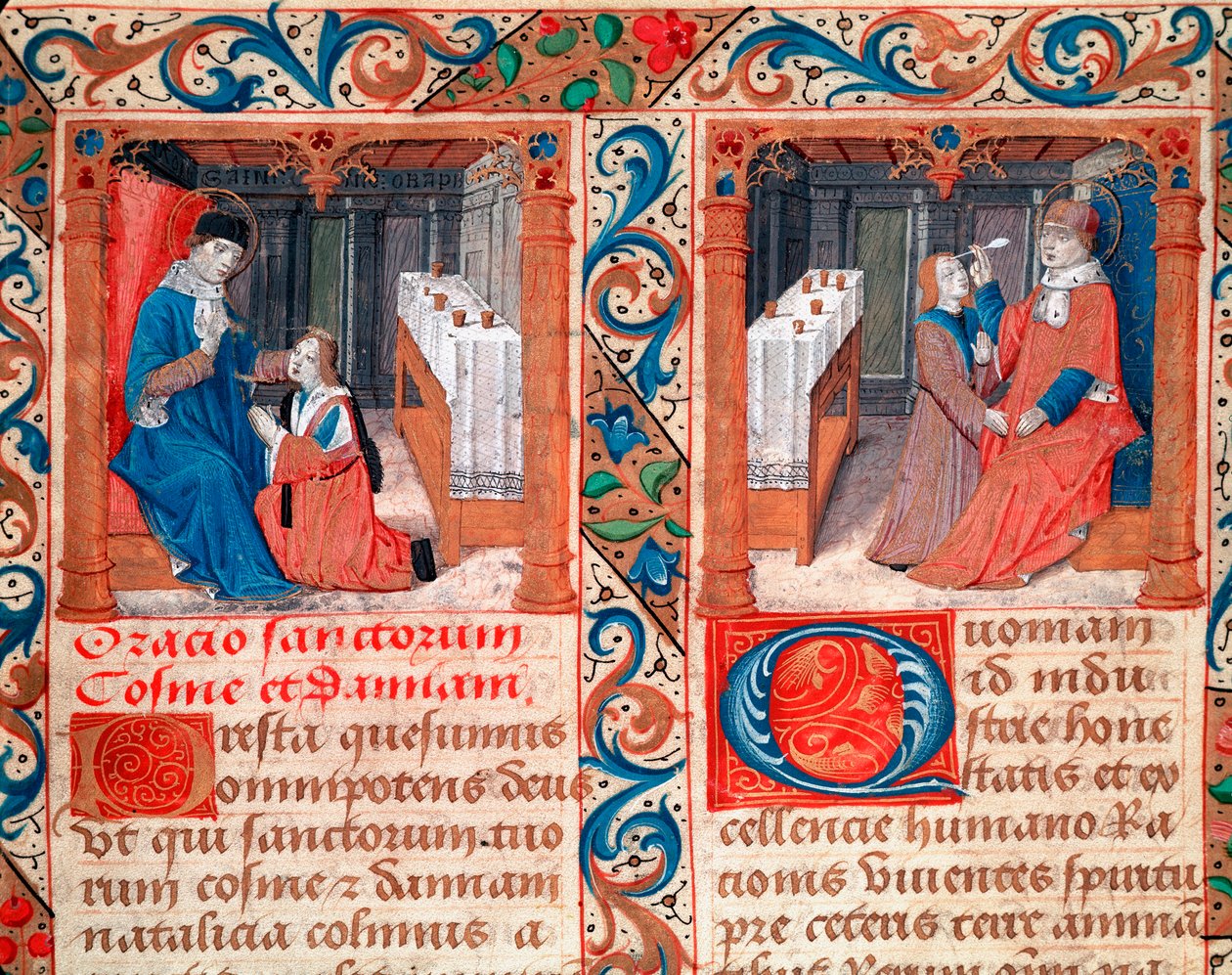 Lääkäri, joka hoitaa potilaan kalloa (LA trepanation du crane) Edustus Saints Cosimosta (Come or Cosimo) ja Damienista, lääkäreistä. Miniatyyri käsikirjoituksesta "" Statuto della Confraternita dei Santi Cosma e Damiano"" Italian goottilainen taide 16. tekijältä Italian School