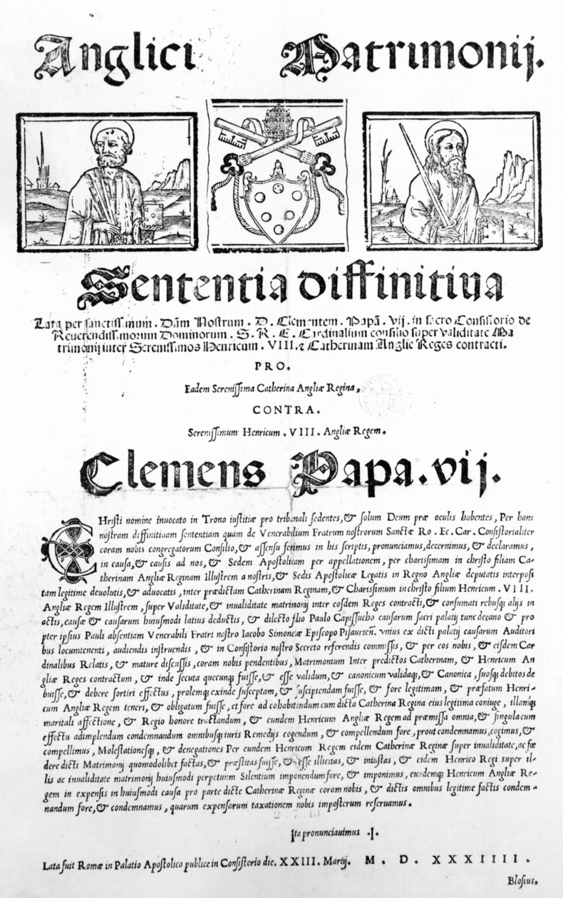Asiakirja, joka julistaa paavin tuomion Henrik VIII:n ja Katariinan Aragonian avioliiton pätevyydestä, 1534 (painettu) tekijältä Italian School