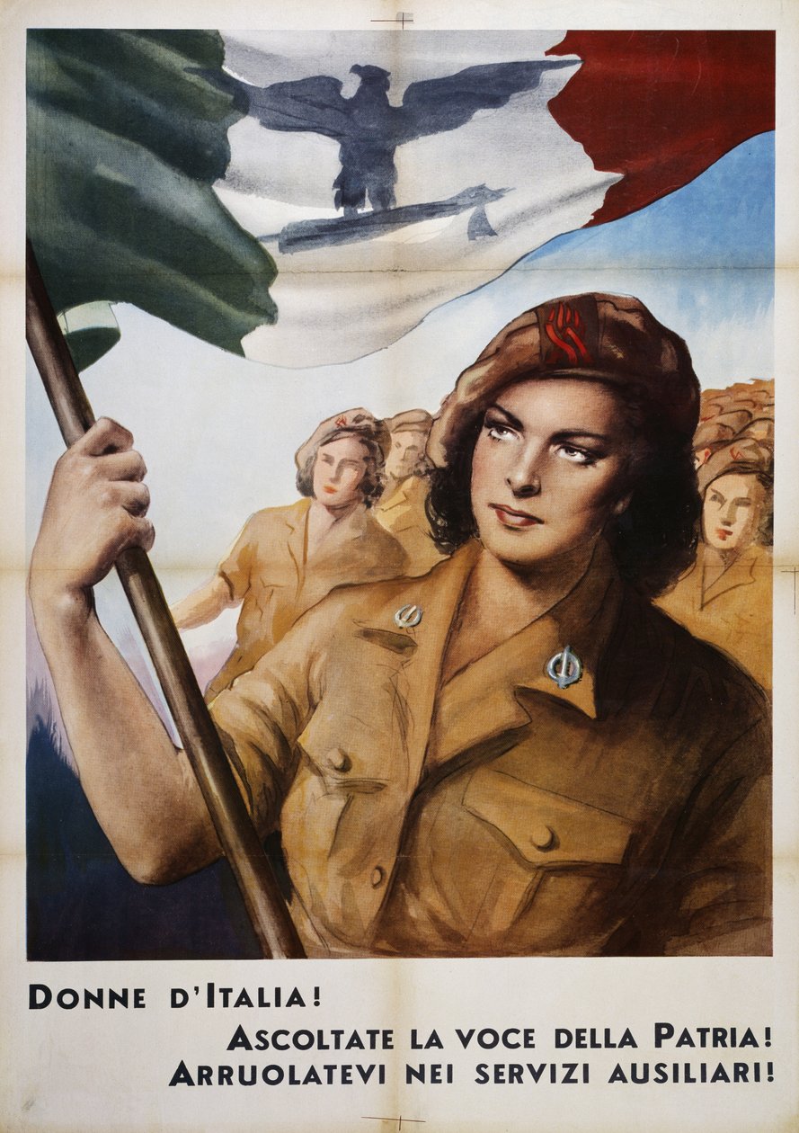 Italian naiset kuunnelkaa isänmaan ääntä! Liittykää apupalveluihin! (Women of Italy listen to voice of fatherland! Enlist in auxiliary services!), propagandajuliste, Italia, 1900-luku. tekijältä Italian School