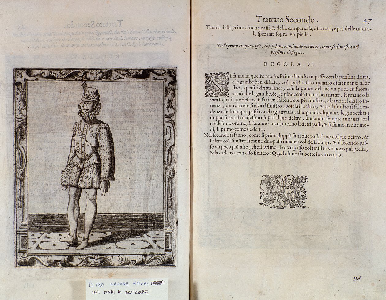 Italialaisen tanssijan Cesare Negrin Le Gratie dAmore (Le Grazie dAmore) kaksoissivu nimeltä Il Trombone (1536-1604), tanssisopimus tekijältä Italian School