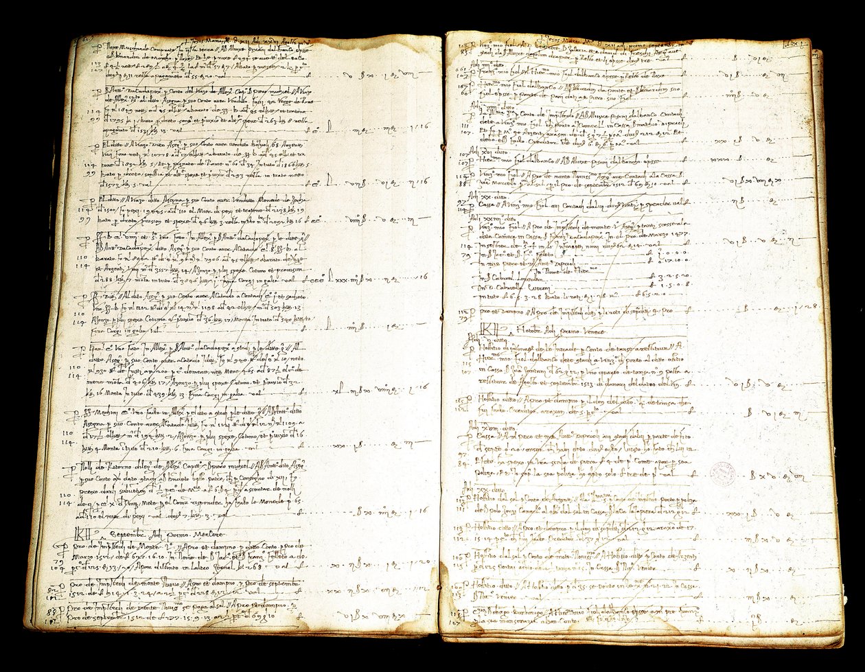 Venetsian aateliston Priuli-suvun, rikkaiden idän kauppiaiden, tilirekisterin kaksoissivu. 1500-luvun Museo Correr, Venetsia tekijältä Italian School