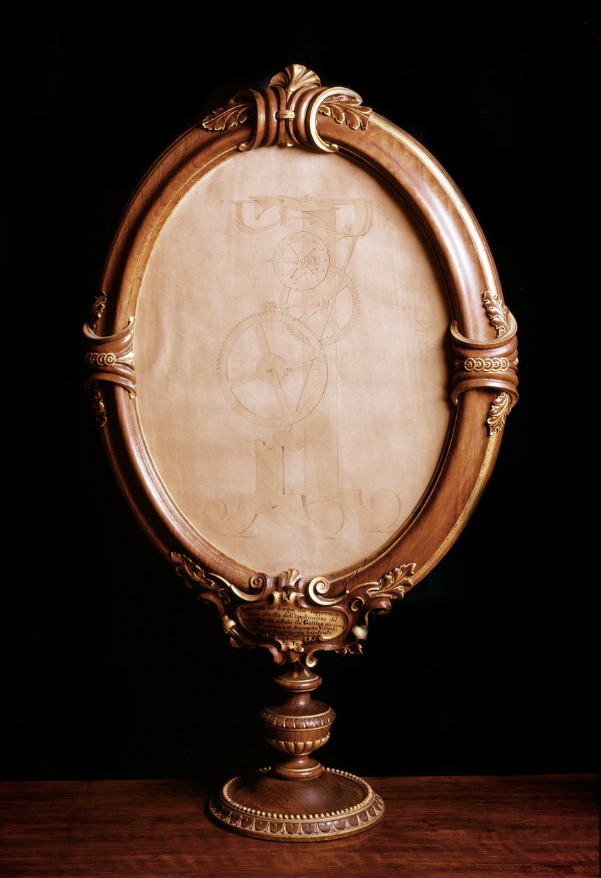 Piirustus soveltaen italialaisen tähtitieteilijän ja fyysikon Galileo galilei dit Galilea (1564-1642) tutkimusta sitä punnittavan heilurin liikkeestä kelloon ja ajan mittaukseen. Kopio matemaatikko Vincenzo Vivian alkuperäisestä piirroksesta tekijältä Italian School