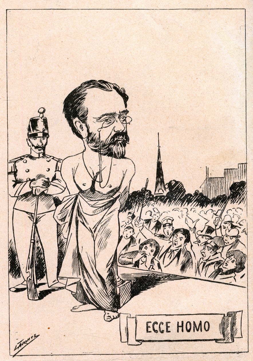 Dreyfus-tapaus - Emile Zola - Ecce Homo - Un nouveau christ 1897 vuoden jälkeen - Piirustus julkaistiin italialaissanomalehdessä "Il Fischietto"" vuonna 1898 (jäljennetty Le Riressä tekijältä Italian School