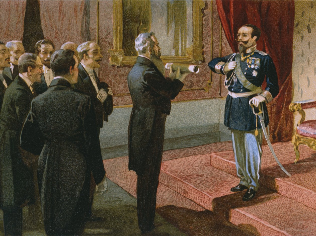 Sermonetan herttua tarjosi kuningas Victor Emmanuel II:lle (1820-78) Rooman kansanäänestyksen Palazzo Pittissä Firenzessä, 1870, kuva Risorgimenton historiaa käsittelevästä albumista, joka on tehty suklaa Talmille tekijältä Italian School