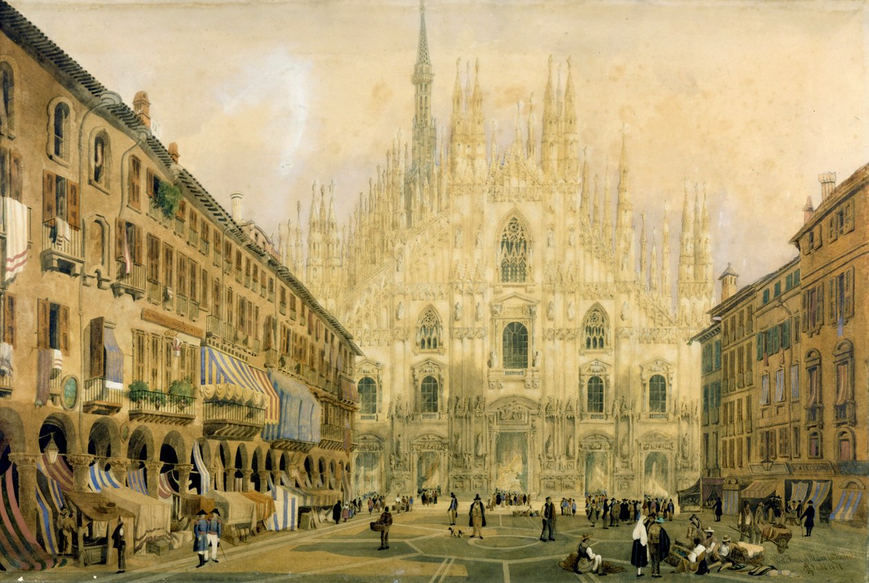 Duomo-aukio ja katedraali Milanossa. 1811. tekijältä Italian School