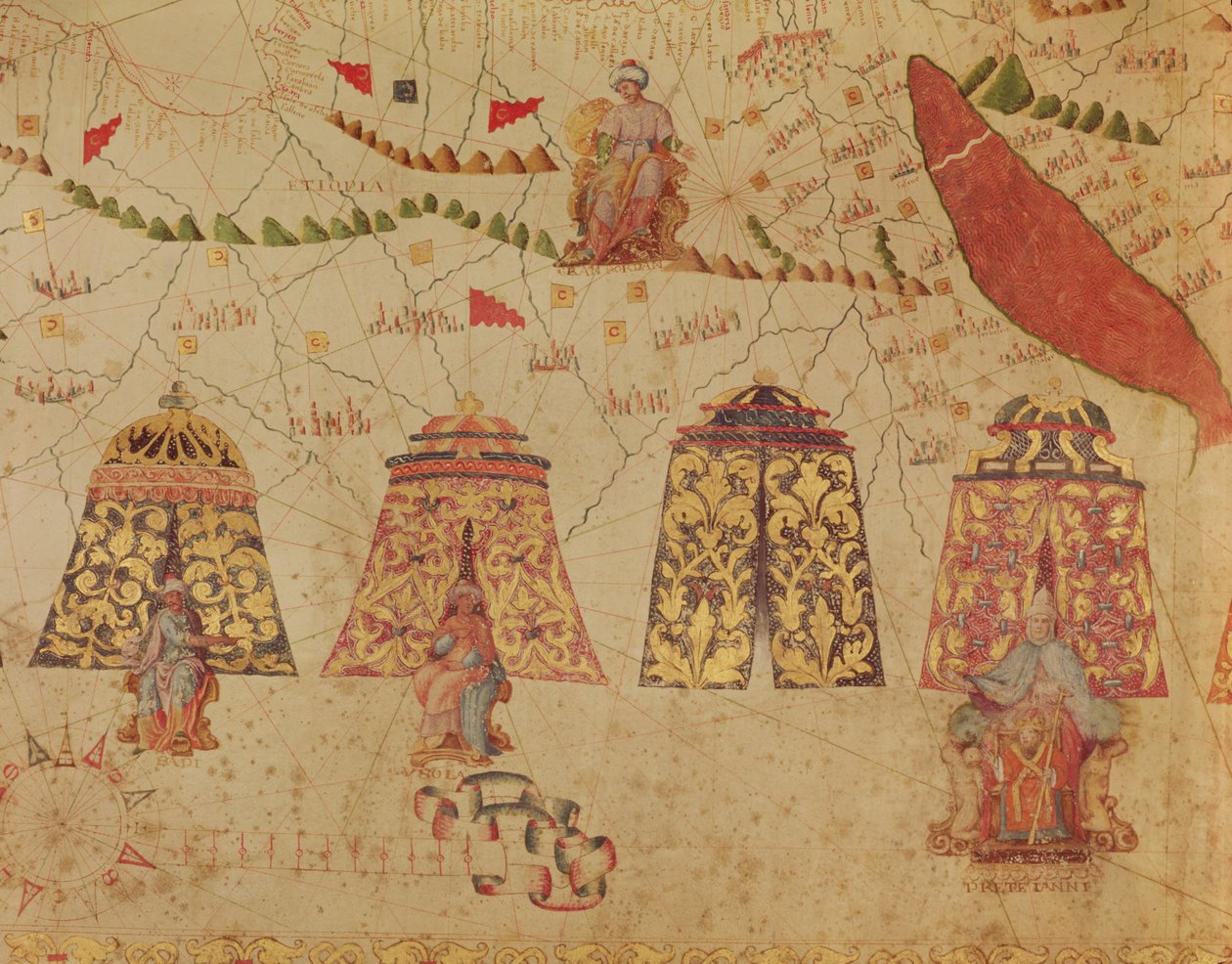 Itä-Afrikka ja Punainen meri Prester Johnin ja Afrikan legendaaristen kuninkaiden kanssa, yksityiskohta Vesconte de Maggiolon Välimeren kartasta, 1563 tekijältä Italian School