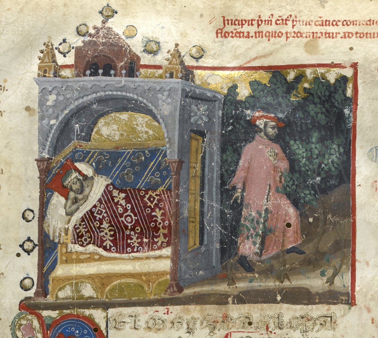 Egerton MS 943 f.3 Inferno: Danten unelma ja hänen sielunsa poistumassa kehostaan Dante Alghierin "Divina Commediasta" (jumalallinen näytelmä) (muste ja väri vellum) tekijältä Italian School