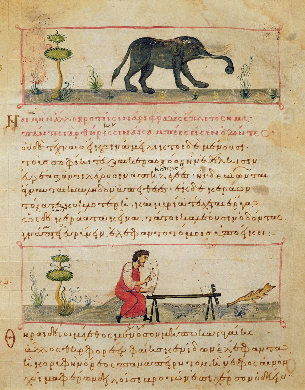 Elefantti- ja perinteinen norsunluutyö, kuvitus Oppianin Cynegeticasta (tempera vellum) tekijältä Italian School