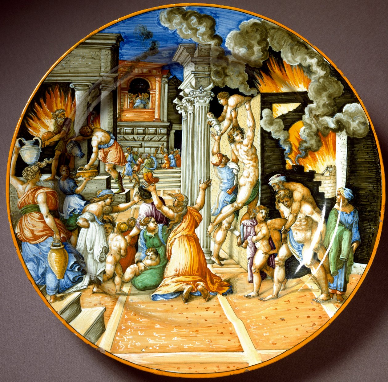 Enee ja hänen isänsä Anchise Troijan palon aikana Keraaminen levy valmistettu Urbinossa, Italiassa. 1560 Firenzen ympärillä, Museo Nazionale del Bargello - Aeneas ja hänen isänsä Anchises Troijan polton aikana. Urbinon keraaminen levy. Noin 1560. Kansallis tekijältä Italian School