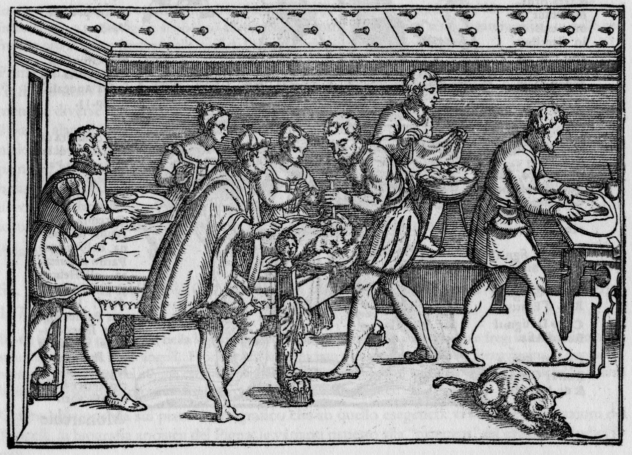 Italialaisen kirurgin Giovanni Andrea dalla Crocen kaiverrus vuodelta 1574 "" Della Cirurgiassa "" "(Leikkauksesta). tekijältä Italian School