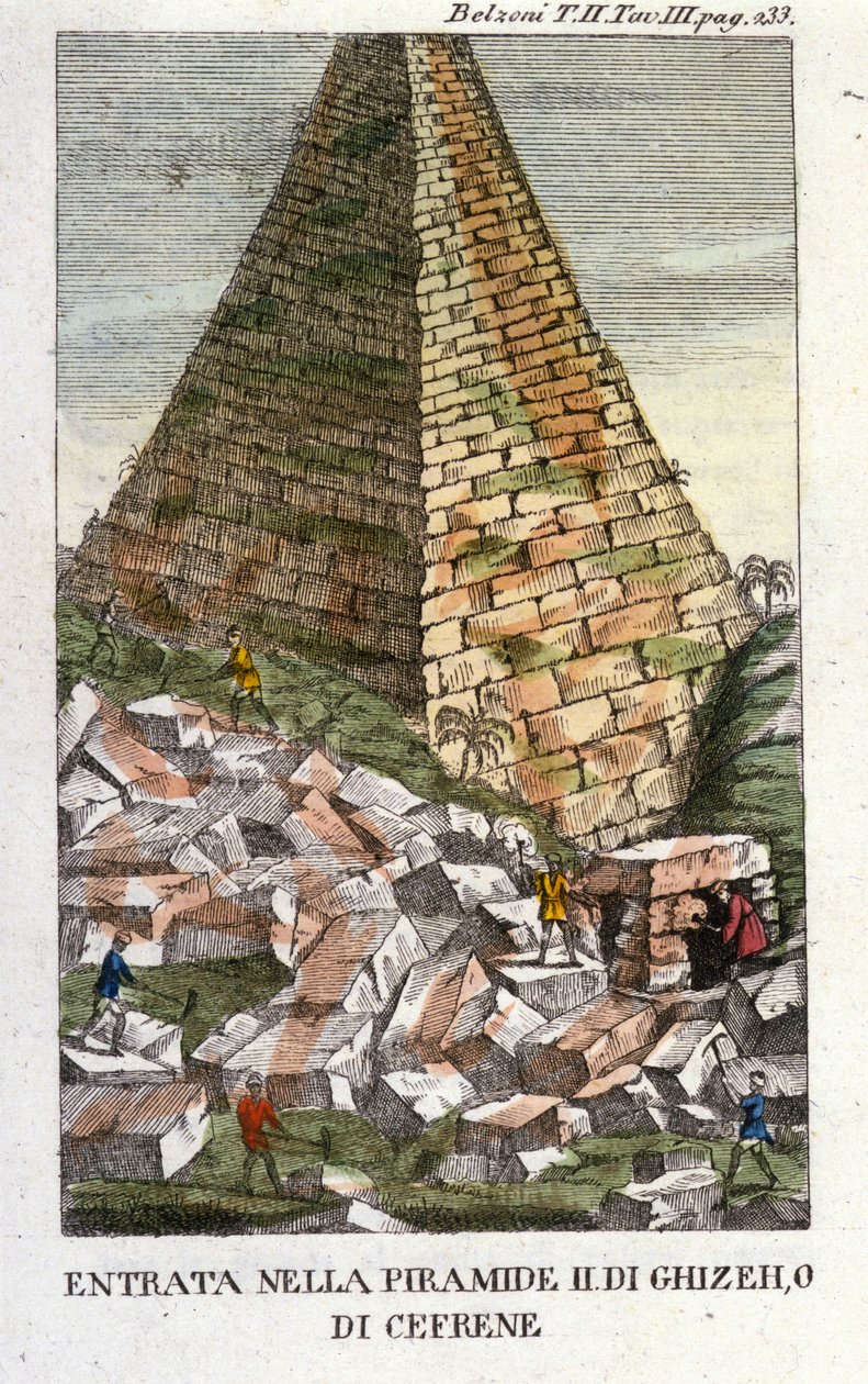 Belzonin sisäänkäynti Guizehin (Guiseh, Giza, Giza) tai Chephrenin (vanha valtakunta) pyramidiin. Giovanni Battista (Gianbattista) Belzoni (1778-1823), italialainen tutkimusmatkailija ja arkeologi, on tehnyt tärkeitä arkeologisia löytöjä Egyptissä. Kaiverr tekijältä Italian School