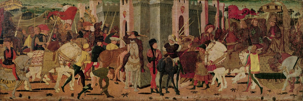 Titus Flavius Vespasianuksen (9-79 jKr) ja Tituksen (38-91 jKr.) saapuminen Roomaan, n. 1450 (öljy levylle) tekijältä Italian School