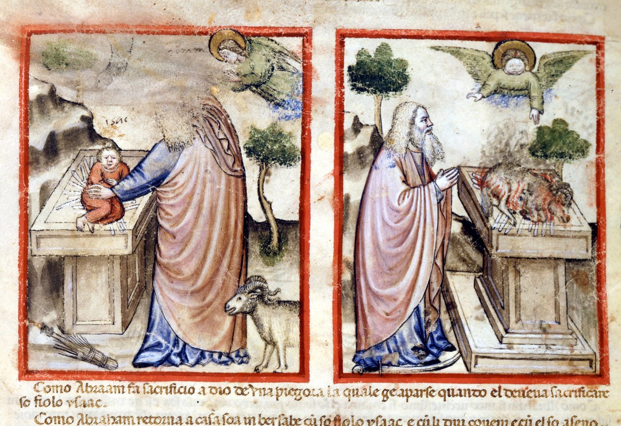 Aabrahamin jakso Iisakin uhrauksesta. Miniatyyri Codex 212:sta (tai Paduan Codex tai Bible of Padova) 1390-1400 Rovigo, Accademia dei Concordi tekijältä Italian School