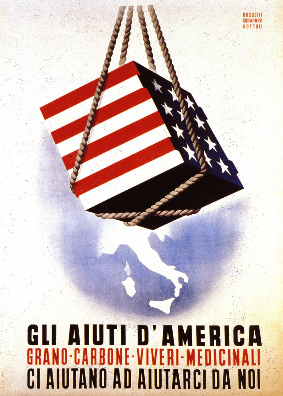 Euroopan elvytysohjelma (ERP) (1948-1952): "Amerikan apu Euroopan jälleenrakentamiseen". Rossetti - Cremonesi - Bottoli -juliste vuodelta 1948 (juliste). tekijältä Italian School