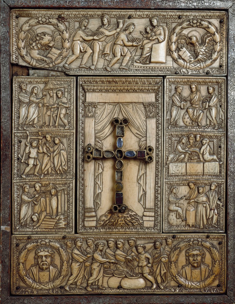 Norsunluuvärinen evankelinen kansi, joka tunnetaan nimellä Dittico delle cinque parti (Viiden osan dyptiikka), koristaa jaksoja jus-jumaluudesta. 5. vuosisadalla. Milano, Tesoro del Duomo tekijältä Italian School