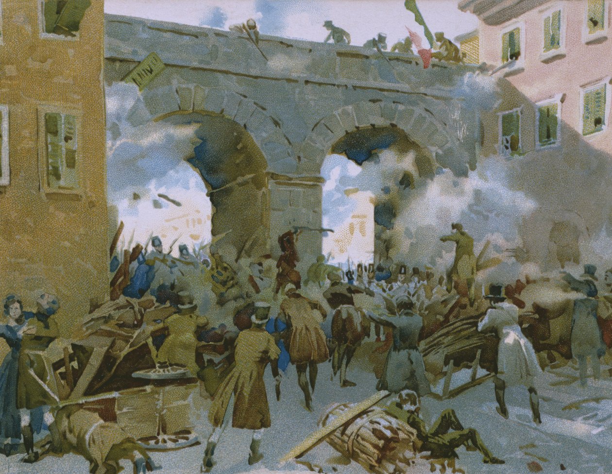 Tapahtumat 18.–22. maaliskuuta 1848, milanolaiset jahtaavat itävaltalaisia, kuva Risorgimenton historiaa käsittelevästä albumista, joka on tehty suklaa Talmonelle, 1800-luvun loppu tekijältä Italian School