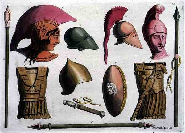 Esimerkkejä etruskien aseista ja haarniskeistä Costumi dei Romanista, kaiverrettu D. K. Bonatti, n. 1805-20 (akvatinta) tekijältä Italian School