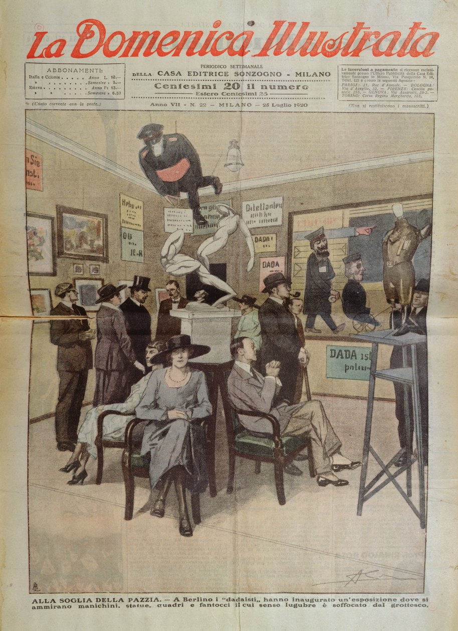 Dada-taiteen näyttely Berliinissä, "La Domenica Illustrata" -lehden kansikuvitus, 25. heinäkuuta 1920 (värilitro). tekijältä Italian School