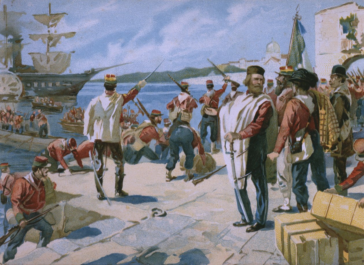 Tuhannen retkikunta Giuseppe Garibaldin johdolla, laskeutuminen Marsalaan, Sisiliaan, 1860, kuva Risorgimenton historiaa käsittelevästä albumista, joka on tehty suklaa Talmonelle, myöhään tekijältä Italian School