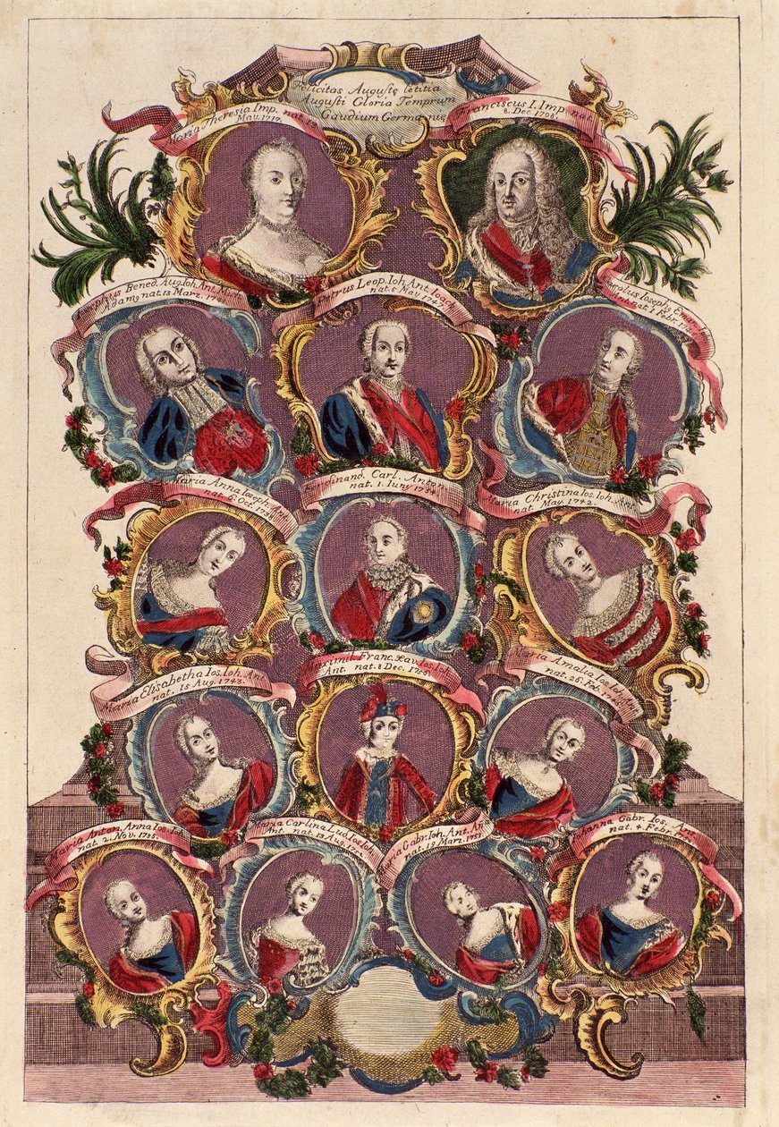 Keisarinna Maria Teresan Habsburgilaisen (1717-1780) sukupuu aviomiehen Francis I:n kanssa lapsineen: Maria Elisabet, Joosef II, Maria Amalia, Leopold II, Ferdinand ja Maximilian tekijältä Italian School