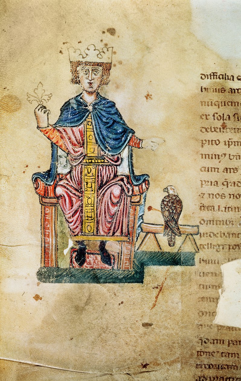 Federico II of Svevia, kuvitus kirjasta Lintujen kanssa metsästyksen taide, n. 1220-50 tekijältä Italian School
