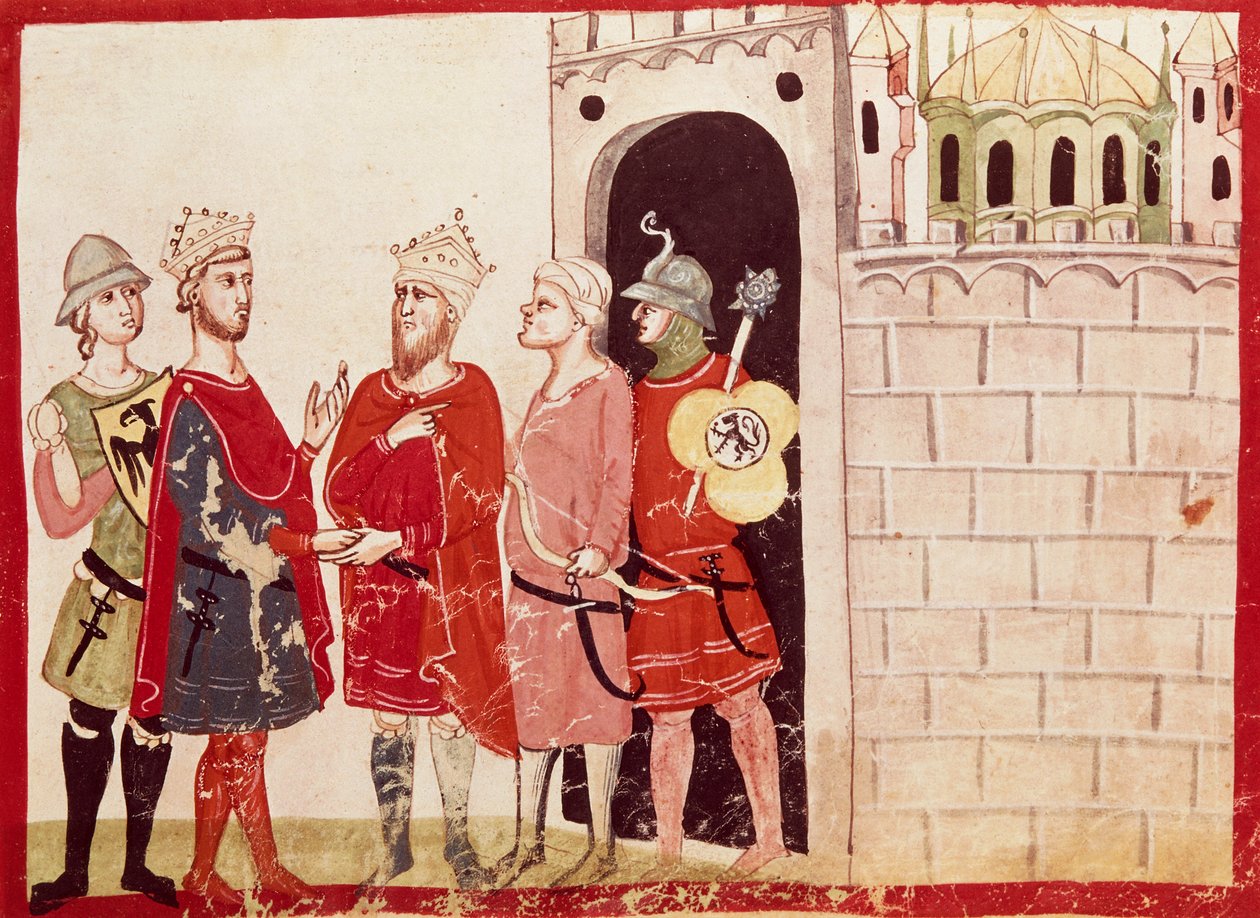 Federico II sopimukseen pääsemässä Jerusalemin sulttaanin kanssa, miniatyyri Giovanni Villanin aikakirjasta, käsikirjoitus, Italia 1300-luku. tekijältä Italian School