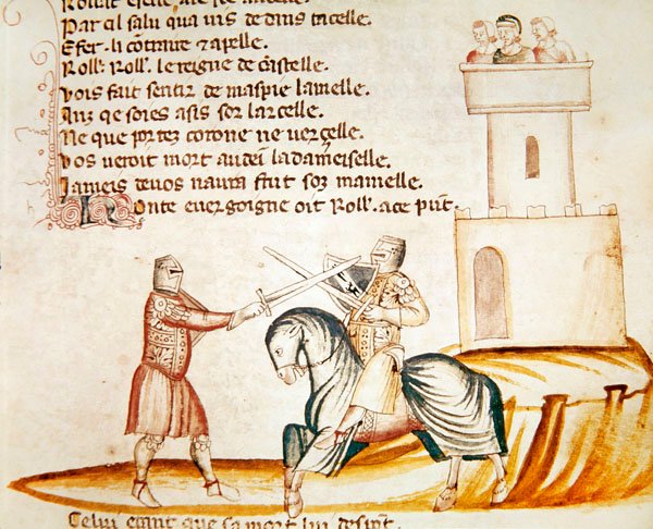 Taistelu ratsuisen ja jalkaisen sotilaan välillä Codex Entree dEspagnesta tekijältä Italian School