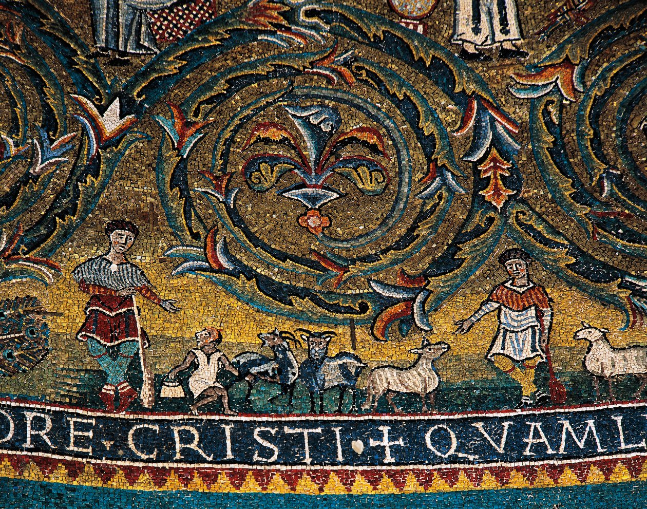 Figuurit paimenista ja eläimistä, yksityiskohta Triumph of Crossista apside-medaljonista (mosaiikki) tekijältä Italian School