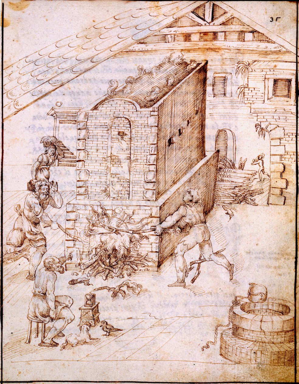 Varhaisen uunin polttaminen, noin 1630-luku (käsikirjoitus vellum) tekijältä Italian School