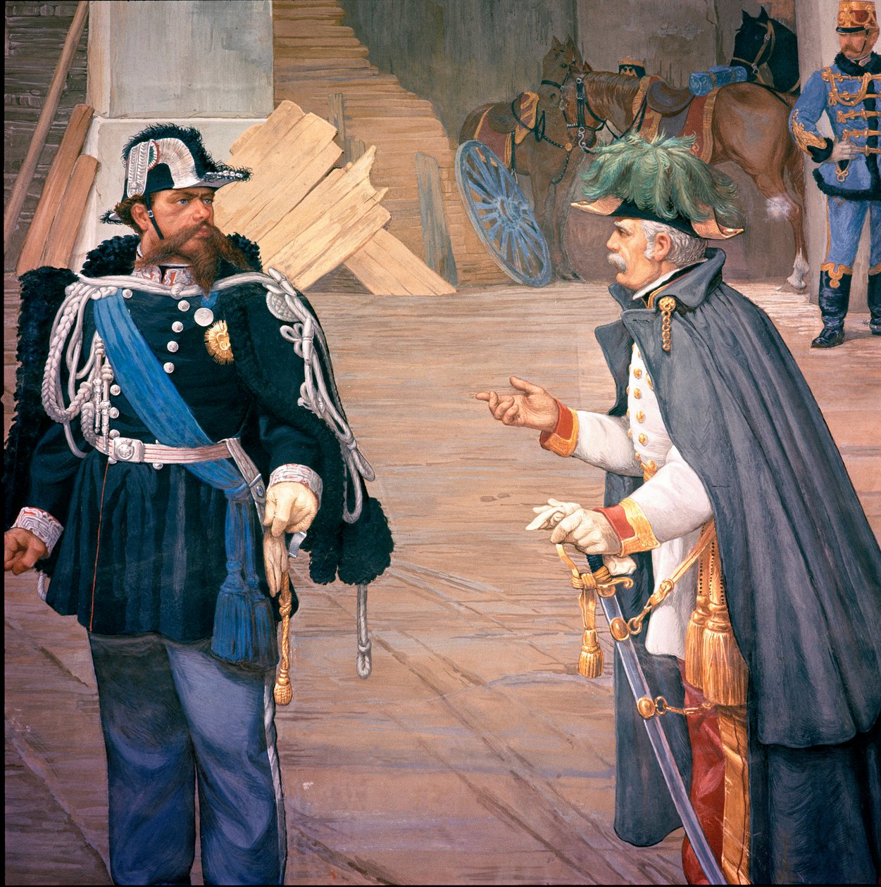Ensimmäinen Italian itsenäisyyssota: "" Novaran taistelu (Novara) 13.9.1849"" Kutsutaan myös Bicoquen taisteluksi. Vittorio Emanuele (Victor Emmanuel) (Victor-Emmanuel) II (1820-1870) ja Joseph Radetzky (1766-1858) taistelun jälkeen. Freskin yksityiskohta tekijältä Italian School