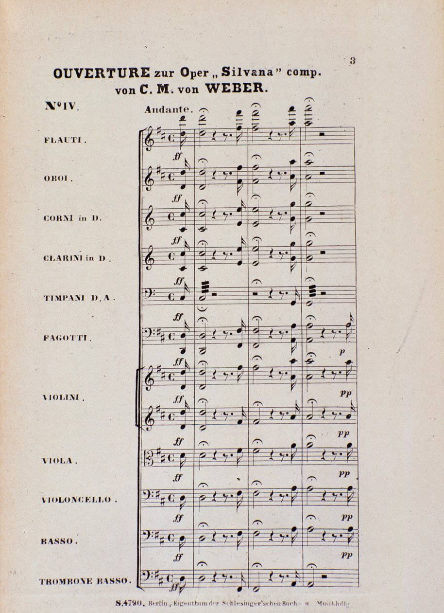 Ensimmäinen sivu Karl Maria von Weberin (litho) oopperan Silvana alkusoitosta tekijältä Italian School