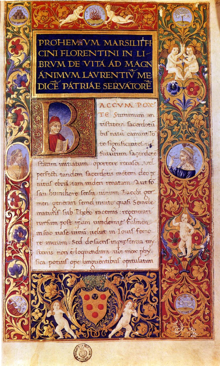 Ensimmäinen sivu Marsilio Ficinon De vita libri tres -teoksesta (kynä ja muste, tempera ja kulta persulla) tekijältä Italian School