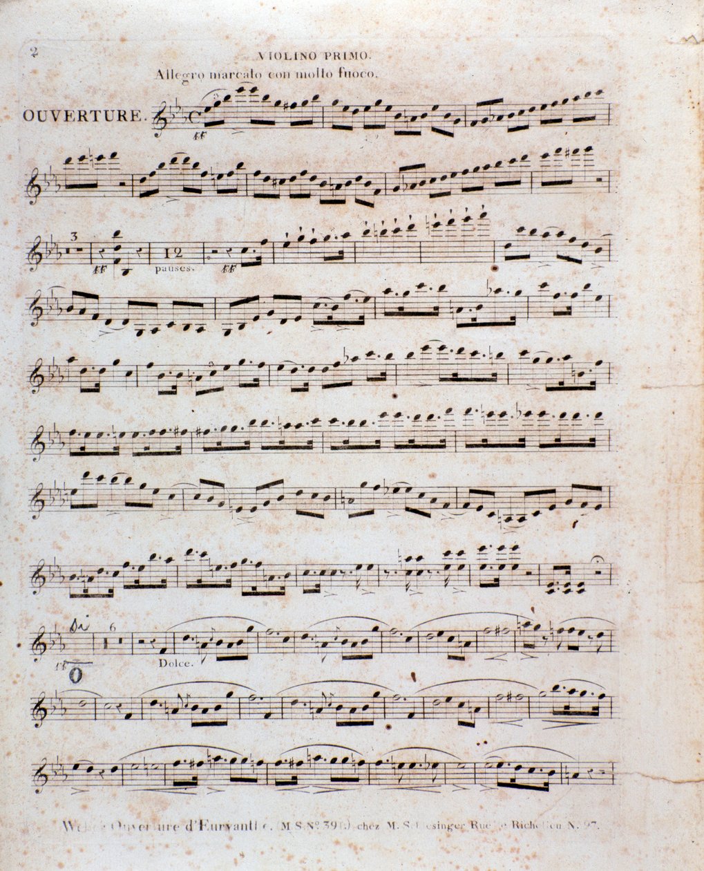 Ensimmäinen sivu viululle Carl Maria von Weberin oopperasta "Euryanthe" (litho) tekijältä Italian School