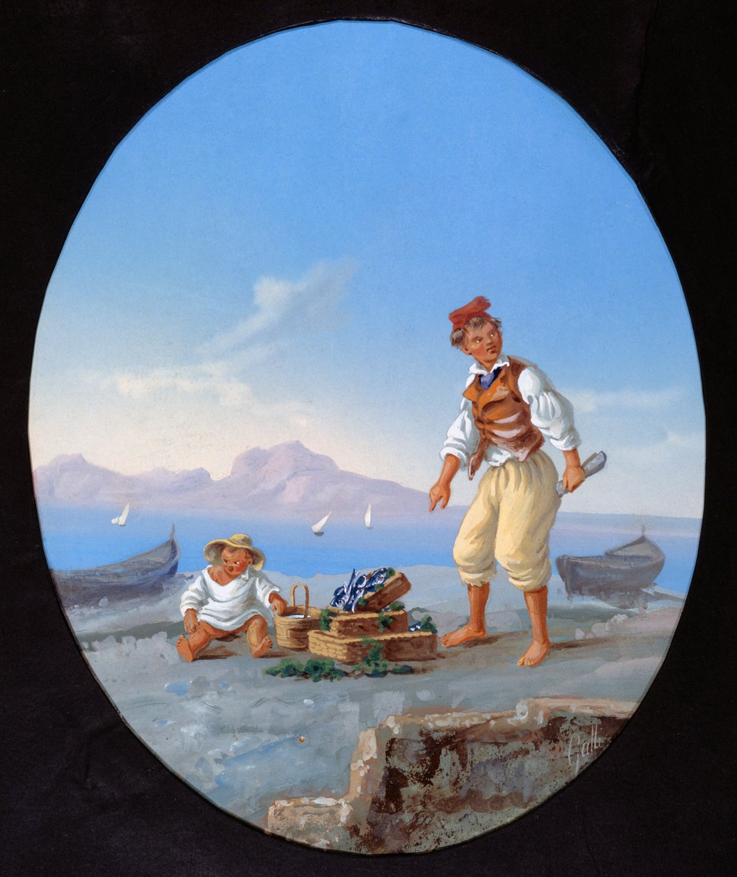 Kalastaja rannalla, taustalla Caprin saari tekijältä Italian School