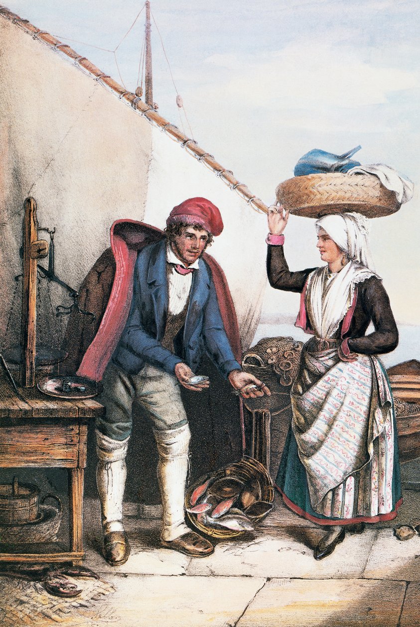 Kalakauppias ja talonpoika, kuvitus Costumes of Istriasta, Italiasta tekijältä Italian School