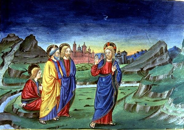 Fol.103v Kirkastumisen jälkeen Kristus käskee apostoleja paljastamaan tätä tosiasiaa vasta ylösnousemuksen jälkeen (vellum) (katso 142186) tekijältä Italian School