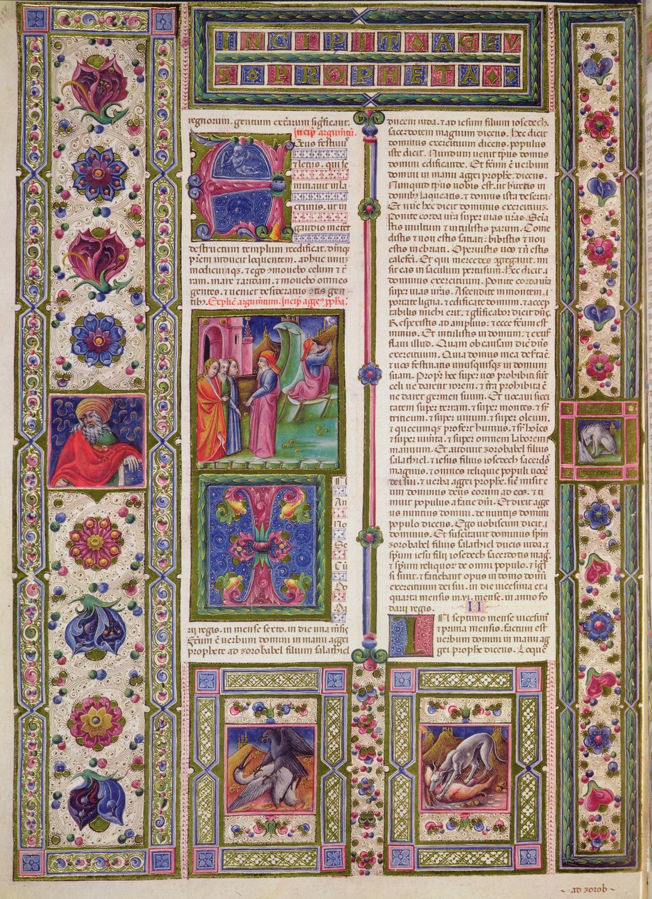 Fol.103v Profeetta Haggain kirja (profeetta, joka 6. vuosisadalla eKr. auttoi juutalaisia temppelin jälleenrakentamisessa), Borso d