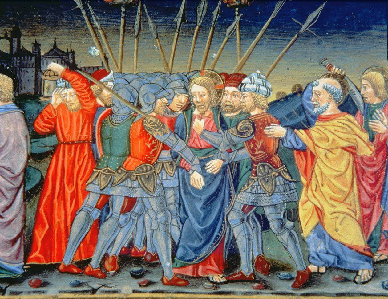 Fol.105v Simon Pietari puolustaa Kristusta ja haavoittelee sotilasta miekalla (vellum) tekijältä Italian School