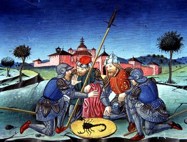 Fol.118v Sotilaat heittävät arpaa Kristuksen tunikasta (vellum) tekijältä Italian School